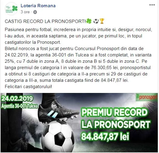 Un tulcean a bătut recordul de câştig la Pronosport!