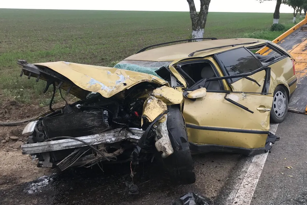 Mașină distrusă după ce a retezat un copac