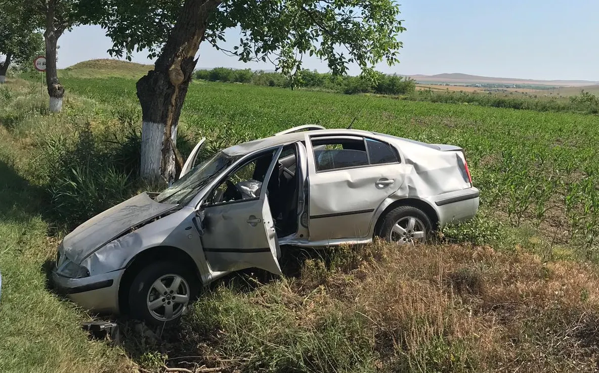 A ajuns cu mașina în șanț, s-a răsturnat și s-a oprit în copac