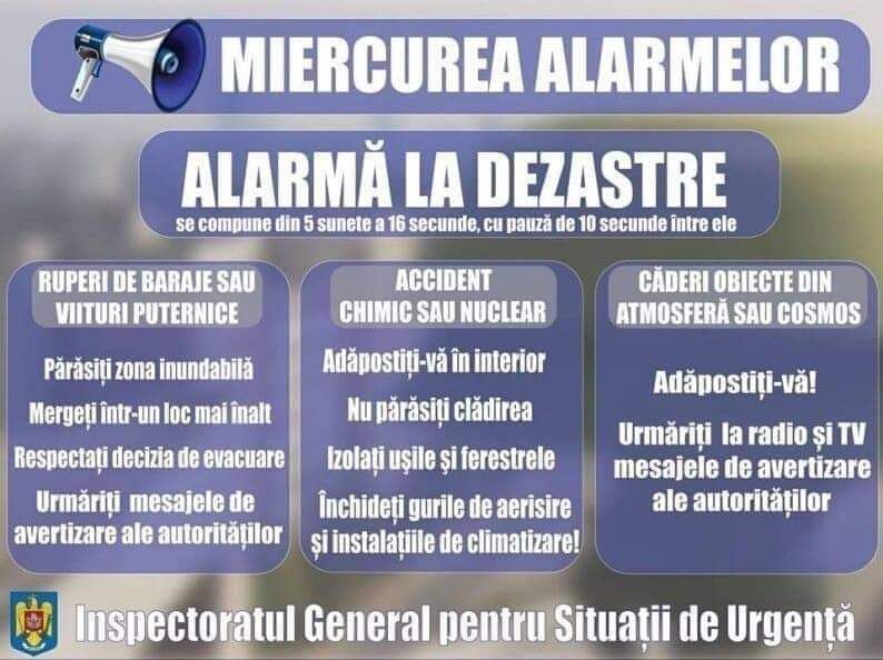 Atenţie! Azi e miercurea alarmelor - la 10.00 se dă alarmă la dezastre