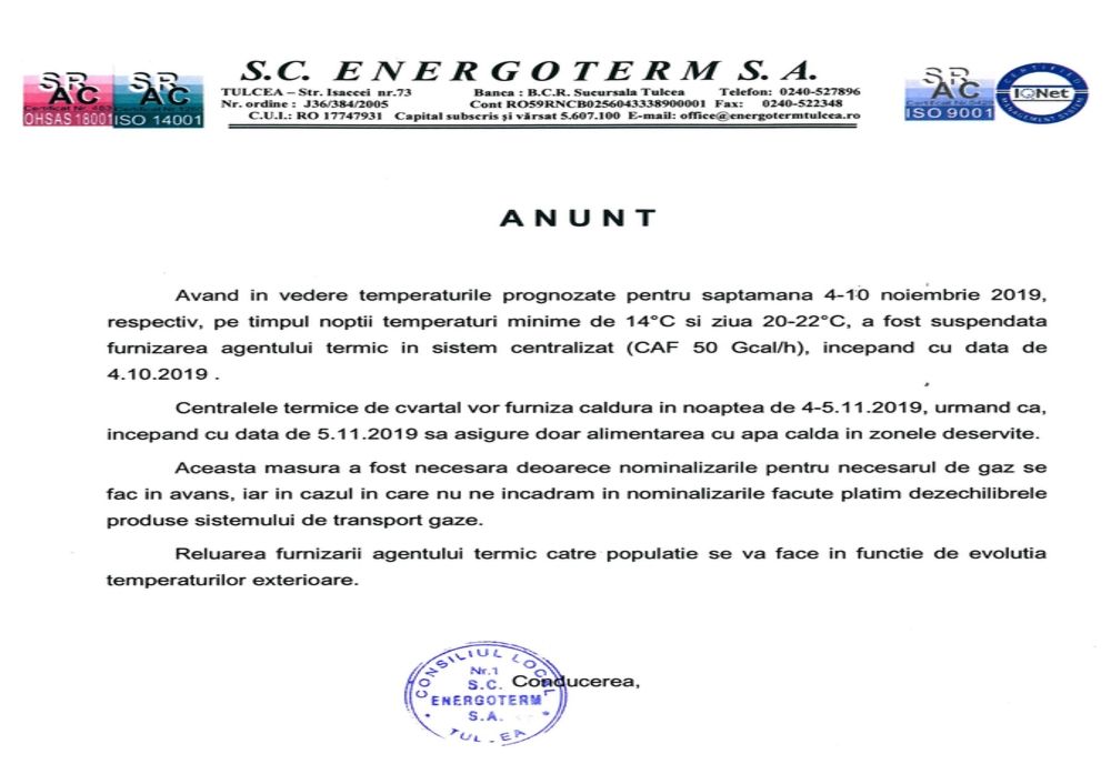 De mâine, Energoterm opreşte furnizarea căldurii în tot municipiul