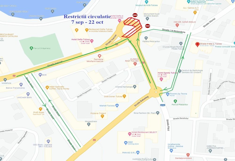 Trafic rutier deviat în Tulcea. Lucrări în sens giratoriu Hotel Delta