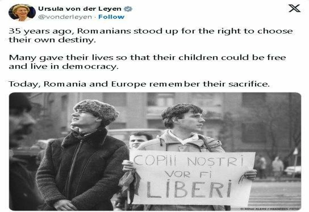 MESAJUL URSULEI VON DER LEYEN CU OCAZIA MARCĂRII A 35 DE ANI DE LA REVOLUŢIA ROMÂNĂ