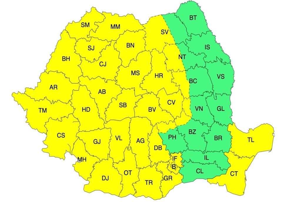 CODUL GALBEN DE VÂNT PUTERNIC A FOST EXTINS. VAL DE FRIG PESTE ROMÂNIA - HARTA