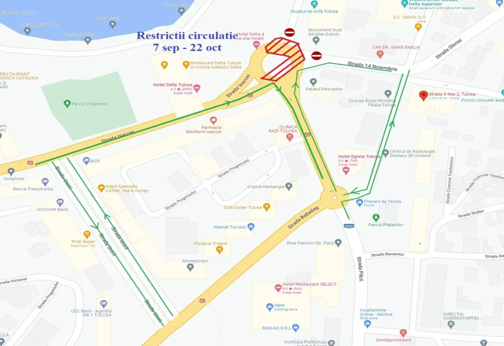 Trafic rutier deviat în Tulcea. Lucrări în sens giratoriu Hotel Delta