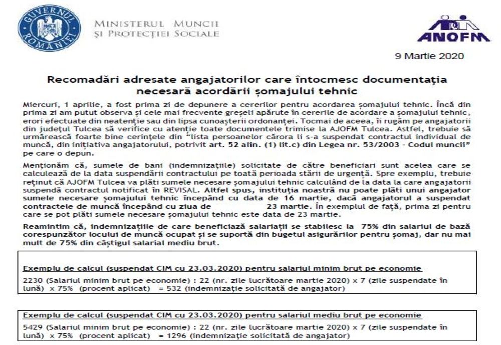 Informaţii utile privind documentaţia necesară acordării șomajului tehnic! 
