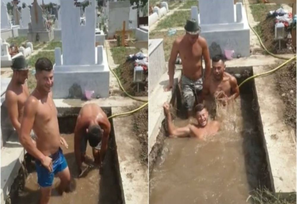 VIDEO Piscină în cimitir: trei gropari au umplut mormântul cu apă și s-au bălăcit 
