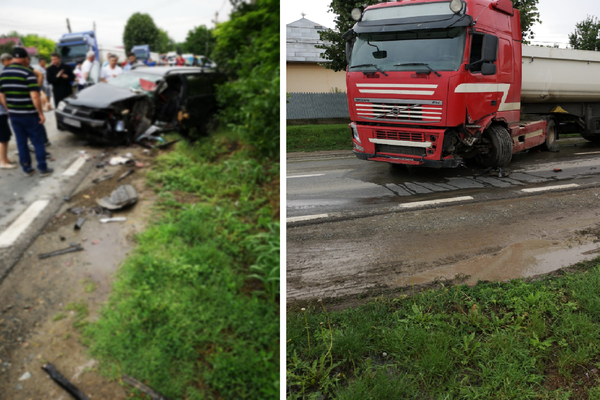 Mașină făcută zob de un autotren, la Văcăreni. Șoferul și pasagera au ajuns la spital