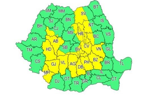 ANM a emis, astăzi, o nouă atenționare meteo cod galben de instabilitate atmosferică, valabilă pentru mai multe județe din țară