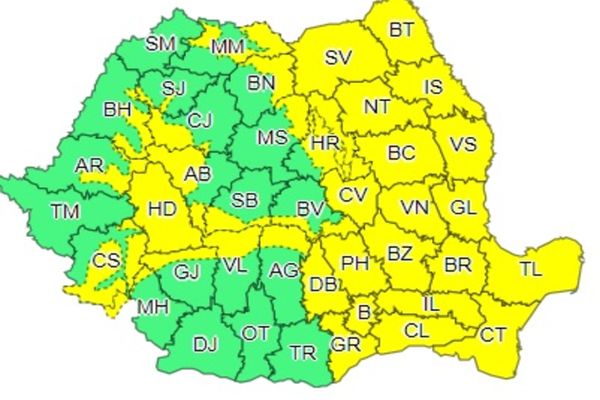 Avertizare cod galben până la ora 22
