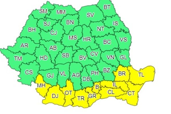 Cod galben pentru Tulcea până pe 5 august