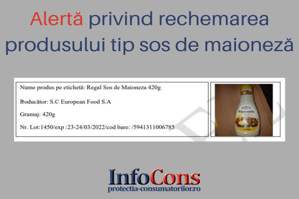 Alertă privind rechemarea produsului de tip sos de maioneză