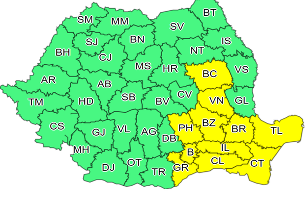 Cod galben de vânt puternic, marţi, în mai multe judeţe
