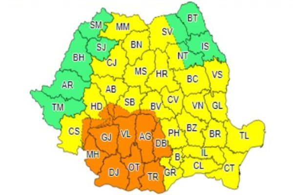 Cod galben și portocaliu de ploi, grindină și vijelii