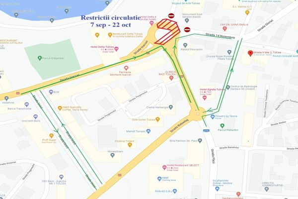 Trafic rutier deviat în Tulcea. Lucrări în sens giratoriu Hotel Delta