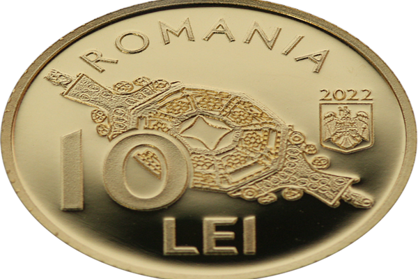 Monedă din aur cu tema Tezaurul de la Pietroasa – Vasele Poligonale