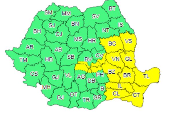 Cod Galben de intensificări ale vântului și ploi